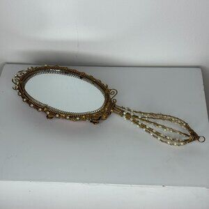 VTG Stylebuilt Hollywood Regency Hand Mirror Filigree Wire Faux Pearls Vanity